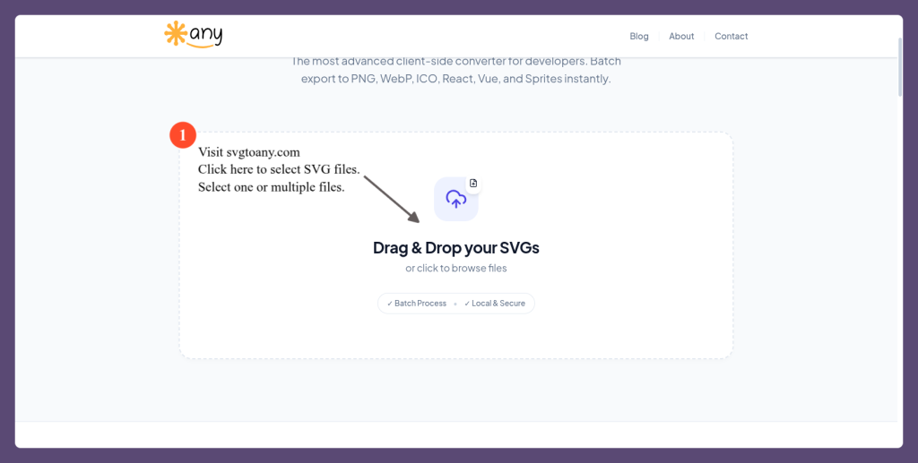 Landing page of svgtoany.com and it's drop area