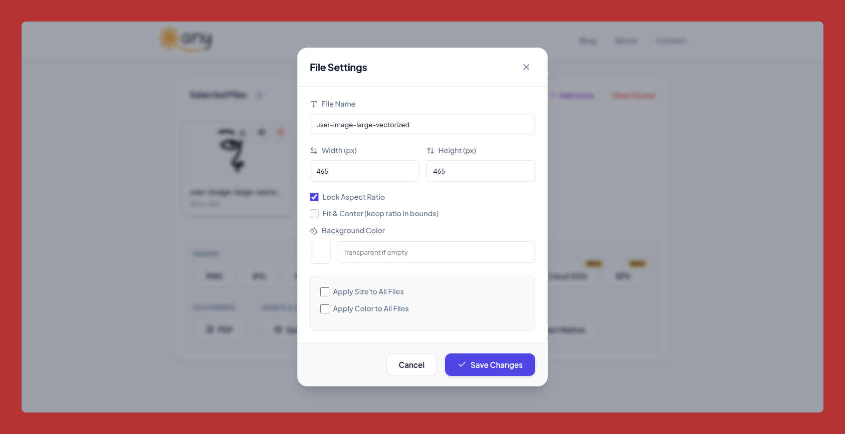 SvgToAny settings panel for SVG export and optimization