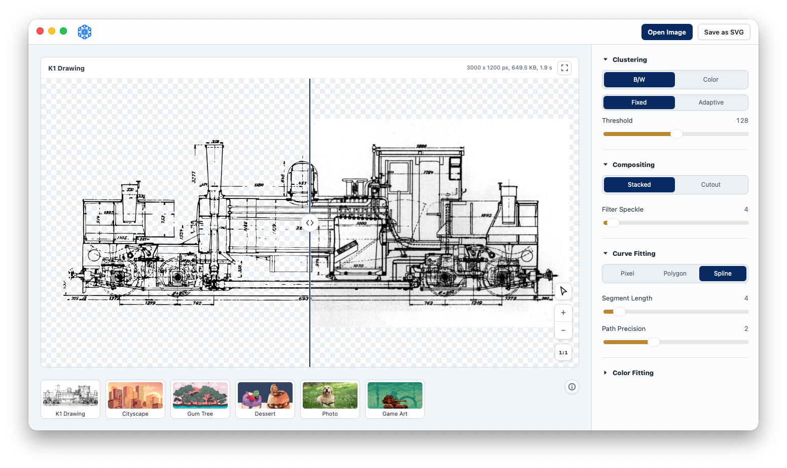 Desktop vector tracing application converting bitmap to SVG